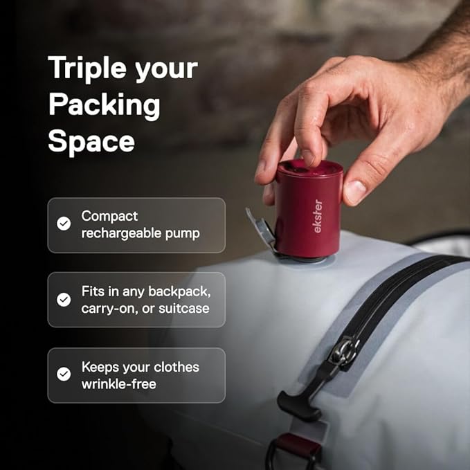 Ekster Travel Pack Vacuum Kit - Travel Vacuum Bags with Pump - Odor & Waterproof Anti-Rip Nylon Compression Bags - Space Saver Vacuum Storage Bags - Wireless Vacuum Pump for 15+ Items - 2 Pack