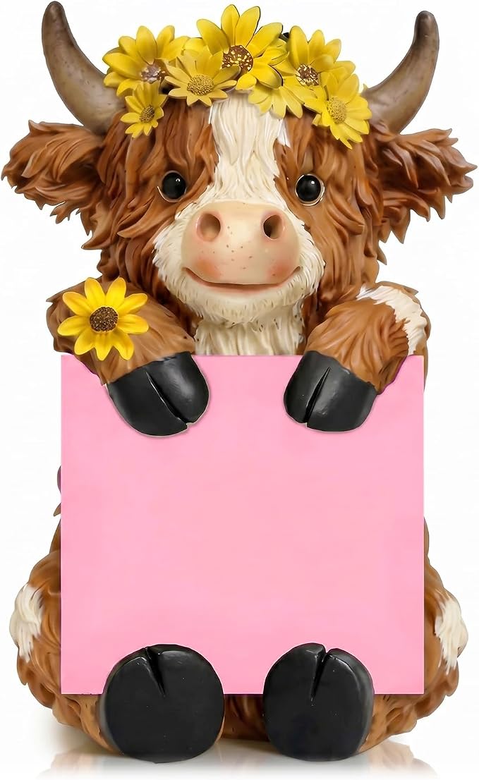 Thenshop Fall Sunflower Highland Cow Pop up Sticky Note Holder Autumn Resin Highland Cow Note Dispenser with 100 Sheets 3 x 3 Inch Sticky Notes Desk Accessory for Fall Harvest Office Home