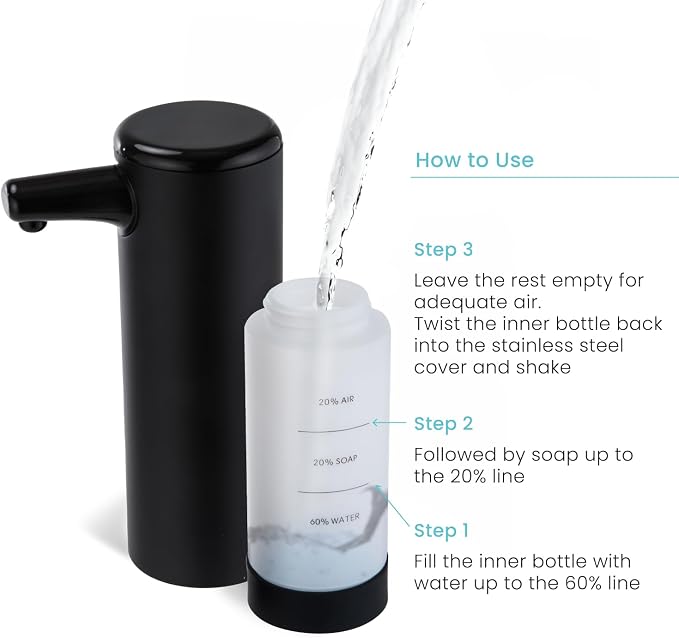 Home Zone Living Foaming Hand Soap Dispenser | Stainless Steel Outer Cover, Refillable Pump for Kitchen and Bathroom Sinks, Black