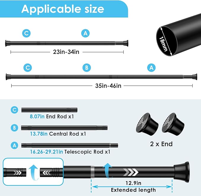 1Pcs Tension Curtain Rod 24 To 46 Inch Black Shower Curtain Rod No Drilling Adjustable Spring Loaded Curtain Rods 7/8"Diameter Shower Rods For Bathroom Windows Bedroom Closet Doorway Door