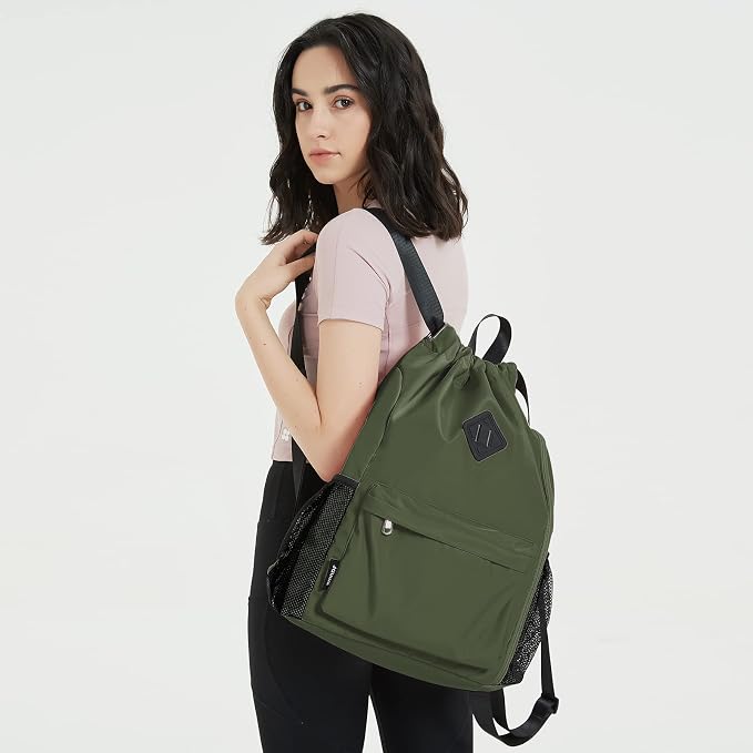 WANDF Drawstring Backpack with Shoe Compartment, Sports Gym Bag | Multi-Pocket Storage, Water-Resistant Fabric, Cinch String Bag
