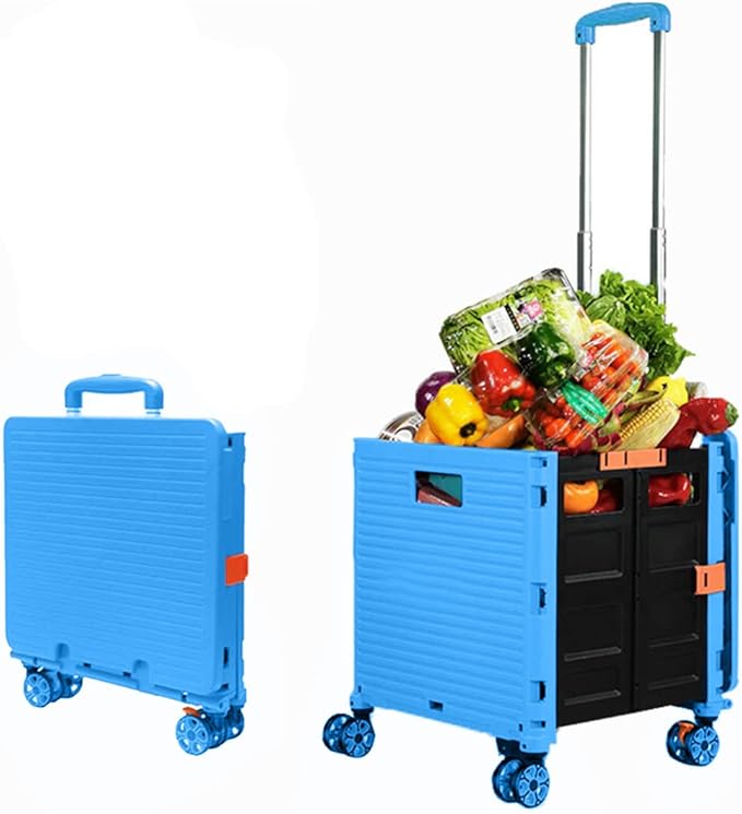 Foldable Utility Cart Folding Portable Rolling Crate Handcart Shopping Trolley Wheel Box with Lid Wear-Resistant Noiseless 360°Rotate Wheel for Travel Shopping Moving Storage Office Use (Sky Blue)