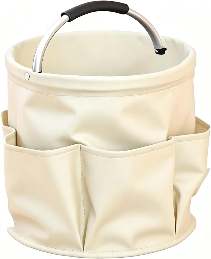 Garden Tool Bucket Organizer, Bucket Tool Organizer,5 Gallon with Aluminum Handle, Multi Side Pockets Portable Storage Caddy for Gardening Camping Car Wash (Off White, Open Top)