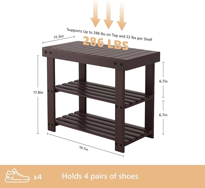 NEWBULIG Shoe Rack Bench, 3-Tier Bamboo Shoe Organizer, Wooden Entryway Storage Bench, 286 lb Load Capacity, 11.2x19.7x17.9 Inches, for Entryway Bathroom Bedroom Balcony, Brown