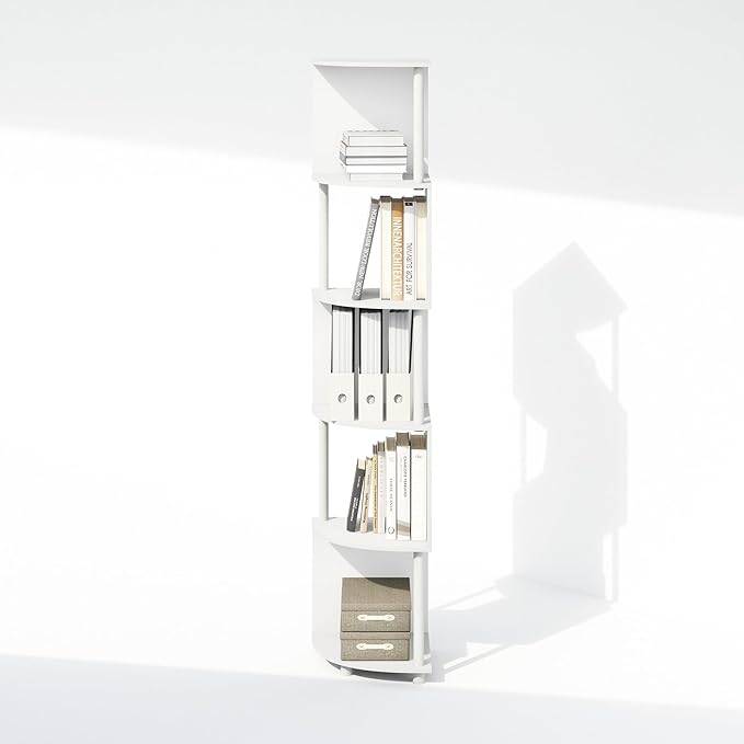 Furinno Basic Book Shelf, 5-Tier Bookshelf, Bookcase with Zigzag Corner Shelf, 14.2 x 14.2 x 71.2, for Living Room, Bedroom, Home Office, White/White