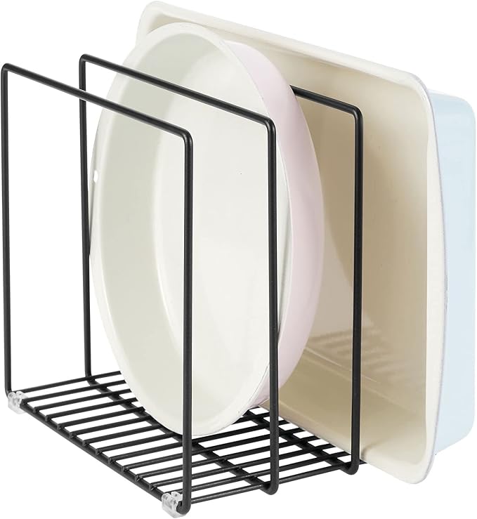 mDesign Steel Storage Tray Organizer Rack for Kitchen Cabinet - Divided Holder with 3 Slots for Skillets, Frying Pan, Pot Lids, Cutting Board, Baking Sheets - Concerto Collection - Black