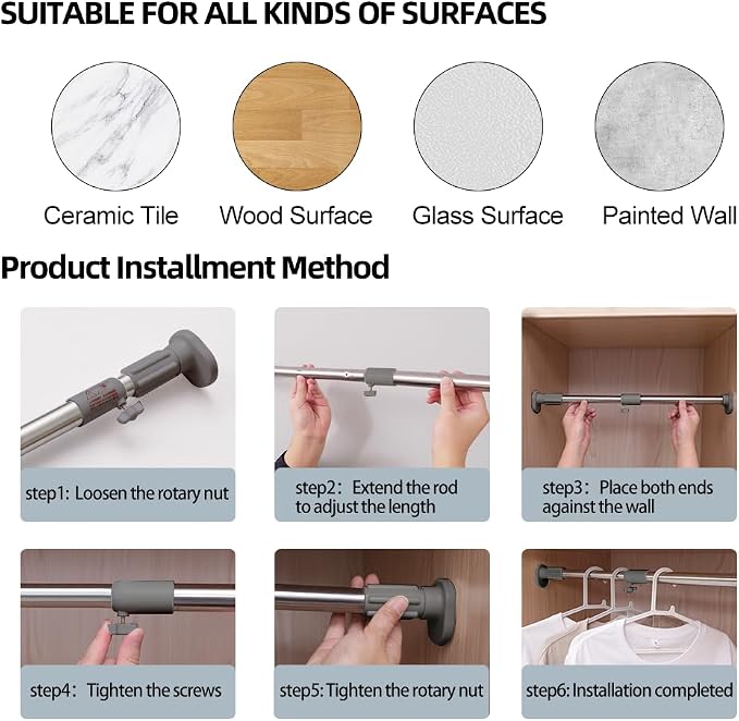 Hershii Closet Rod, Expandable Window Shower Curtain Tension Rod | Oval Head Clothes Hanging Bar Rail for Closet Wardrobe, No Drilling, 25.4mm Pipe Diameter