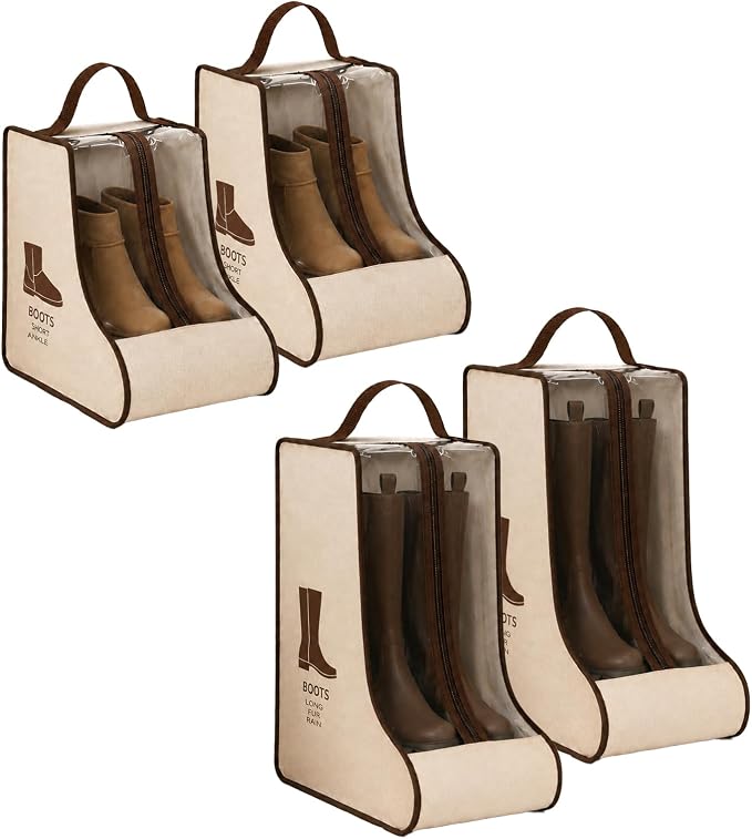 Boot Storage Bag Organizer,Dustproof Boot Bags for Cowboy Boots,Portable Travel Shoe Protector Bags,Tall Boot Covers Storage Organizer for Packing (2 Short + 2 Long Beige Widened)