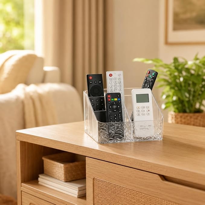 Remote Control Holder, Clear Desk Organizer with 4 Slots, Remote Caddy for TV Remotes, Streaming Devices, Controller Holder, Nightstand Organizer for Bedroom, Living Room, Office and Tabletop Use