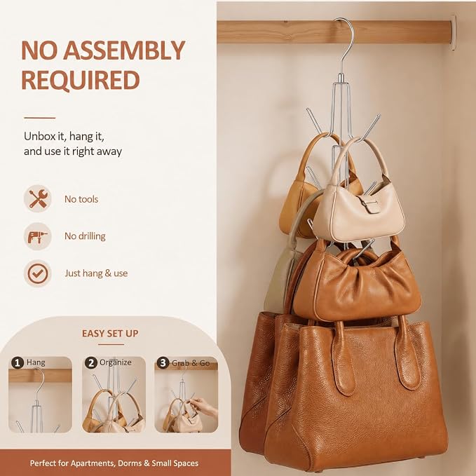ZEDODIER 3 Pack Purse Organizer for Closet, Heavy-Duty Hanging Purse Hanger Closet Holds Up to 18 Purses, Metal Rotating Space Saving Bag Holder Handbag Storage Hook Backpack Rack, Silver