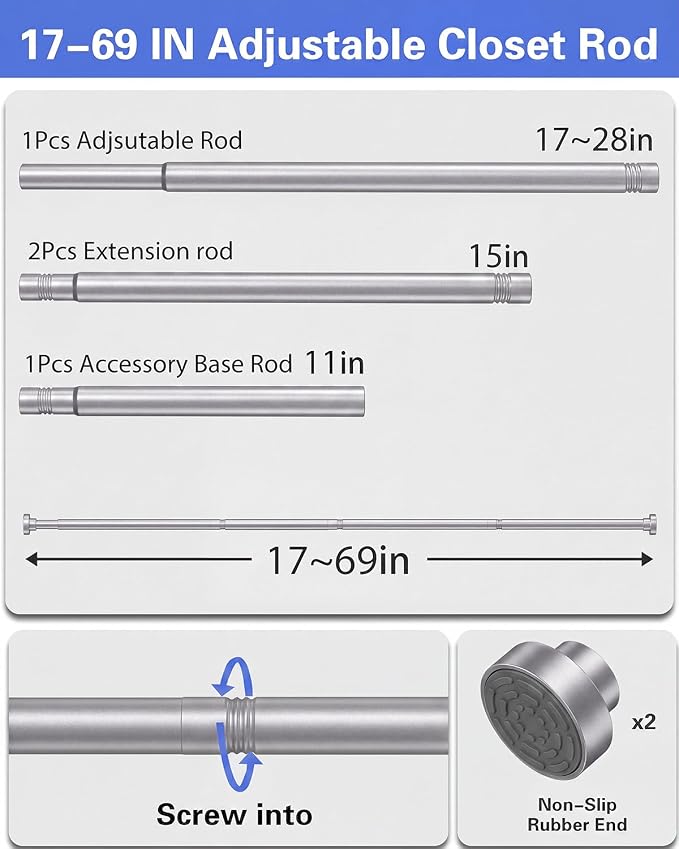 Closet Rod, No Drill Tension Closet Rod for Hanging Clothes, 17-69in,Silver | Quick Tool-Free Install, Non-Slip Rubber Ends Grip Securely, Heavy-Duty Rod Supports Up To 66 lb In Closet, Laundry Rooms, RV