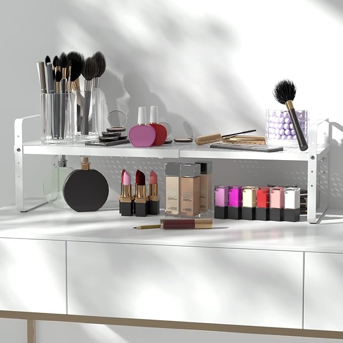 Expandable Kitchen Cabinet Shelf Organizer Rack Heavy Duty Metal Spice Rack Stackable Kitchen Counter Storage Shelf for Kitchen Cabinet Pantry Bathroom (White - 16.5"-27" L x 8" W x 9.6" H - 3Pack)