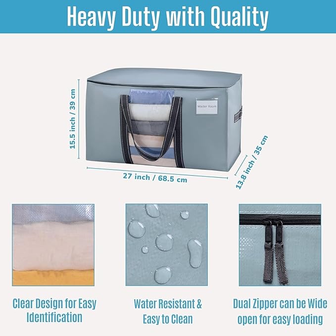 VENO 8 Pack Moving Bags with Clear Window, Heavy Duty Storage Bins with Lid, Around Handles, Tag, Zippers, Extra Large Totes Packing Moving Boxes Supplies for College Dorm Clothes (Light Blue)