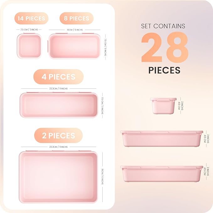 A-LuGei 【28pcs】 【5size】 Drawer Organizer, Makeup organizer, 【Holds 177 Items】 Bathroom Organizers and Storage, Plastic Desk Organizer Divider, Organizer Bins(5size)(LightPink)