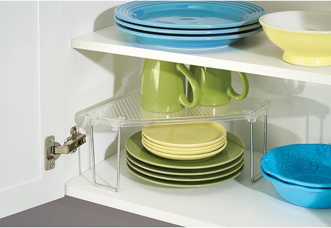 mDesign Plastic/Steel Freestanding Foldable Corner Stackable Organizer Shelf for Kitchen, Counter, Pantry, Cabinet Storage, Holds Plates, Dishes, Ligne Collection, Clear