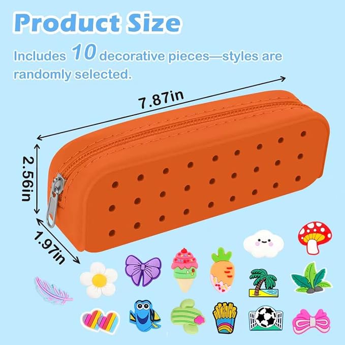 BestStone Silicone Small Pencil Pouch – Small Pencil Case with DIY Holes and 10 Decorative Charms, Multipurpose Makeup Bag or Stationery Organizer, Large Capacity(Orange)