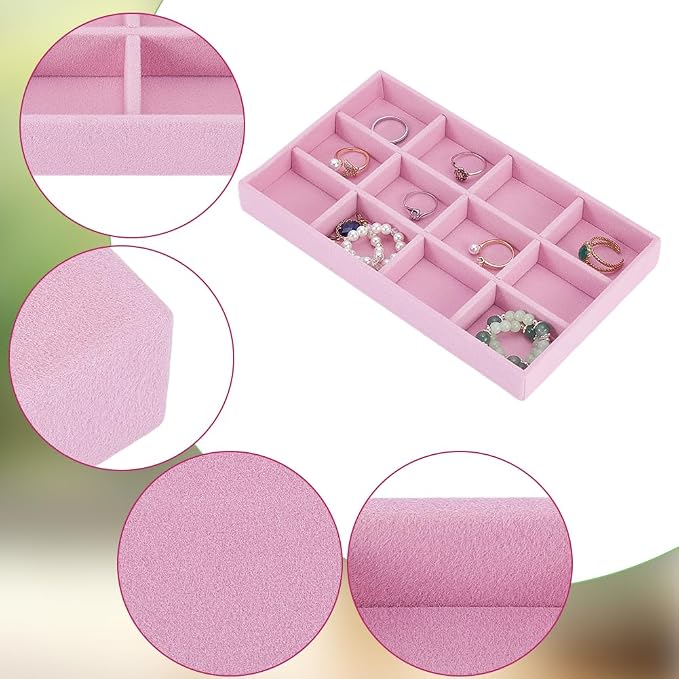 2Pcs Velvet Jewelry Drawer Organizer Trays Stackable Velvet Jewelry Organizer Bulk Pink 12 Girds Stylish Drawer Inserts for Ring Earring Holder Necklace Bracelet Storage Display Women Adults