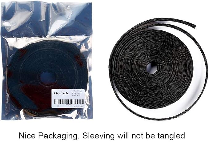 25ft - 1/4 inch PET Expandable Braided Sleeving – Black – Alex Tech Braided Cable Sleeve