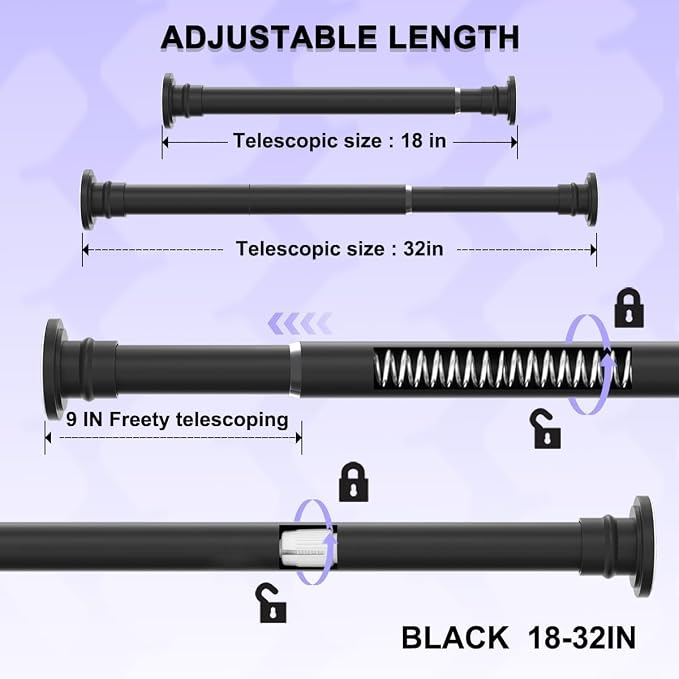 Small Tension Rod 18-32 Inches Black Shower Curtain Rod Heavy Duty Spring Short Tension Curtain Rod No Drilling Adjustable Shower Rod for Closet