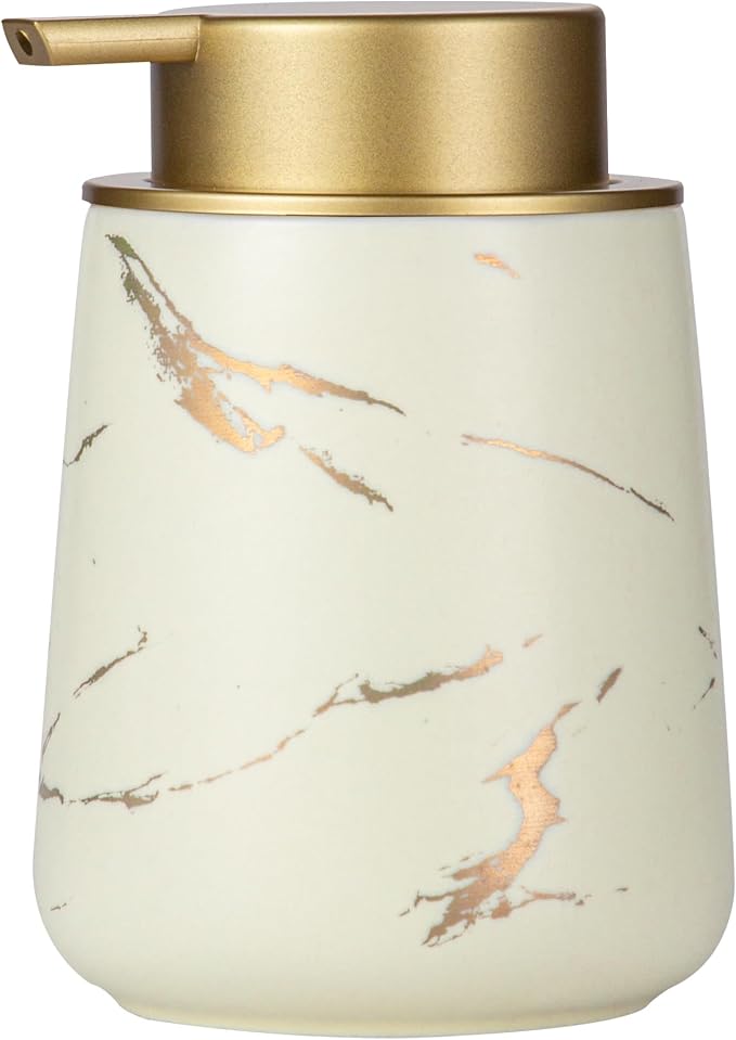 Enra Ceramic Gold Soap Dispenser, 12 oz Modern Liquid Hand Soap Dispenser for Bathroom Kitchen with Easy-to-Press(Gold Liquid Type-Beige)