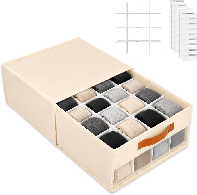 Minimalist Home DIY Underwear Drawer Organizer-Dustproof Sock Organizer with 6pcs Drawer Divider Adjustable Cream White Stackable Closet Storage Bins for Bra Socks Ties