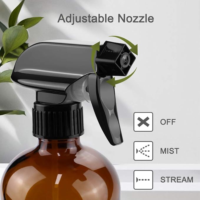 Worldgsb Glass Spray Bottles, 16oz Amber Glass Spray Bottles with Labels & Adjustable Nozzle, Reusable Containers for Cleaning, BBQ, Food, Plants, Alcohol, Essential Oils(3 Pack)