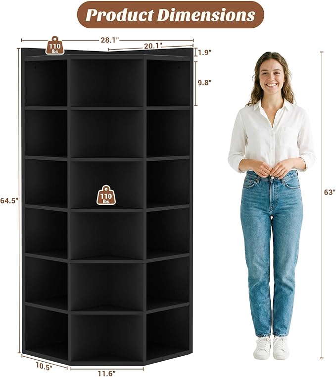 Aheaplus Corner Cube Book Shelf, 7-Tier Corner Storage Cabinet with Top Table, Corner Cube Storage Shelf for Small Space, Wooden L Shaped Cubby Bookcase for Home Office, Bedroom, Living Room, Black