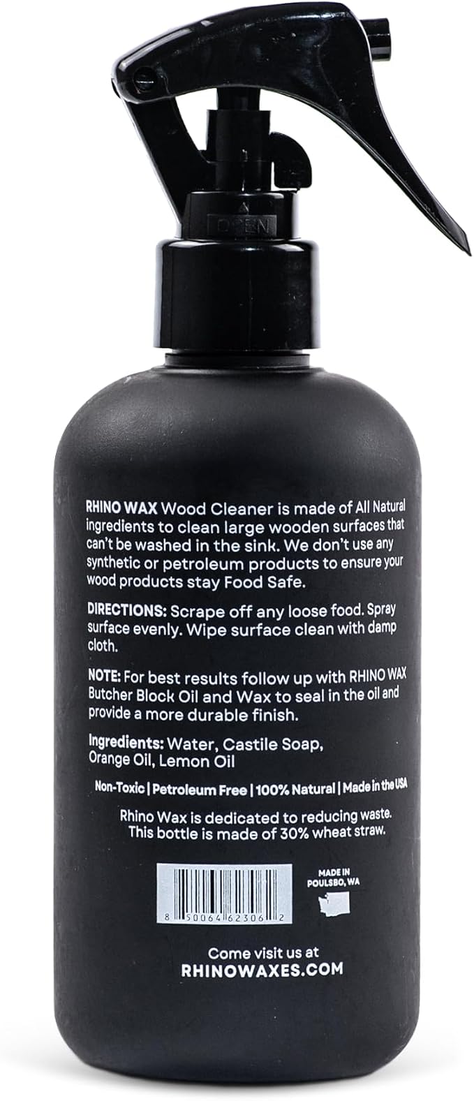 Rhino Wax Cutting Board Wood Spray Cleaner - Butcher Block and Large Wood Surface Spray-Cleaner - Food-Safe and Plant-Based Ingredients - Fresh Citrus Scent Eliminates Food Odors - Made in the USA