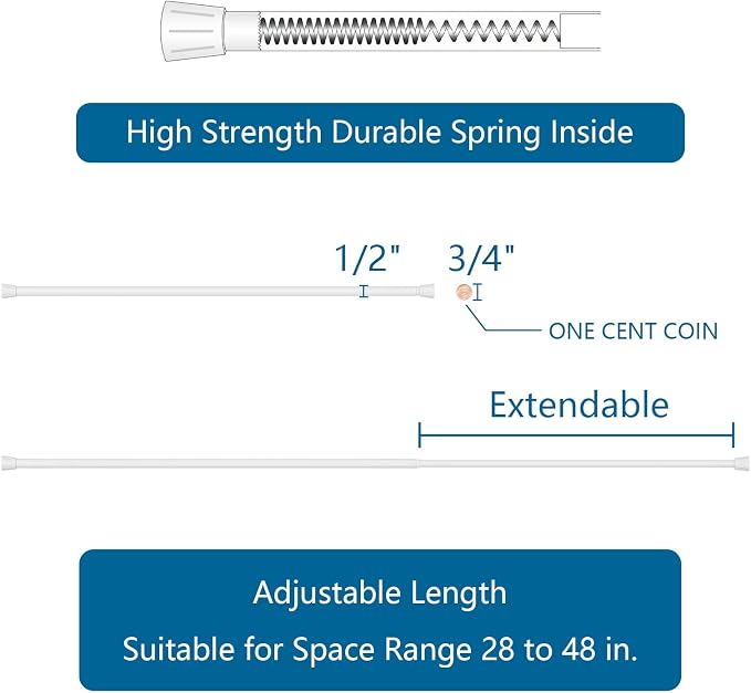 TYRON 6Pcs Tension Rods for Window 28 to 48 Inch, White Adjustable Small Curtain Tension Rod No Drilling, Expandable Spring Loaded Tension Rod Kitchen Bathroom Tension Rod