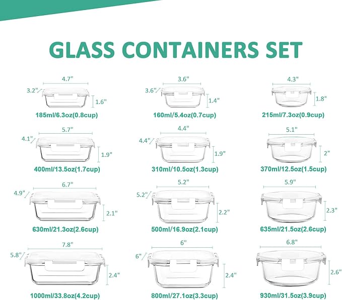KOMUEE 24 Pieces Glass Food Storage Containers Set, Meal Prep Containers, BPA-Free Airtight Glass Storage Containers with lids,Freezer, Microwave and Oven Safe,White