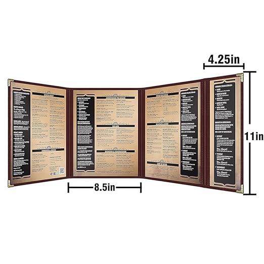 Goodsmart Restaurant Menu Covers – 25 Pack Burgundy Quadfold 8-View, Side-Loading Menu Holders, Vinyl & Plastic Café Menu Covers, Clear Menu Sleeves, Fits 8.5" x 11" & 4.25" x 11", Gold Corners