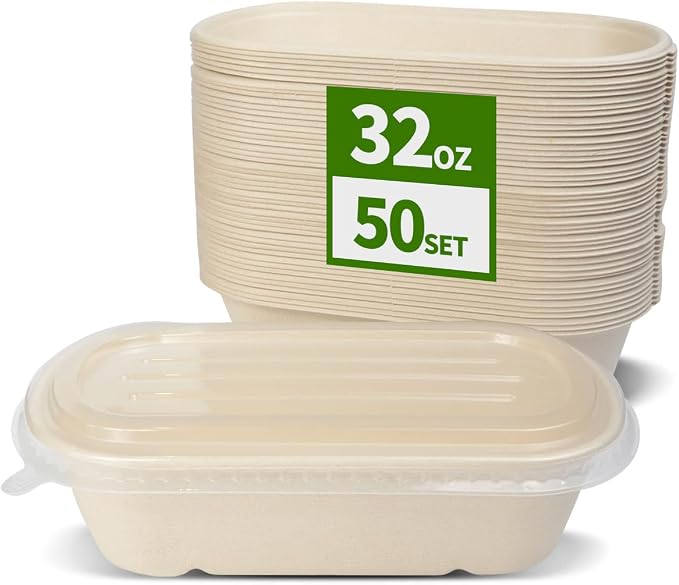 32 oz Disposable Meal Prep Containers with Lids 50 Pack | Disposable Food Containers with Lids, Compostable and Microwavable Togo Lunch Boxes for Meal Prep, Take Out, 50 Bowls 50 Lids
