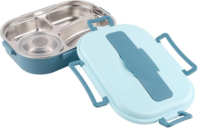 POCREATION Stainless Steel Lunch, Stainless Sel Luh 4 Compartment Leakproof Container, Stainless Sel With Spoons & Chopsticks, Portable 51 With Soup Bowl – Blue