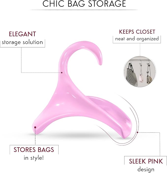 Bag-a-Vie Purse Hanger for Closet - Handbag Organizer Hooks for Hanging Bags & Purses, Protecting Bag Shape & Organizing Space (3 Hanger, Pink Plastic)