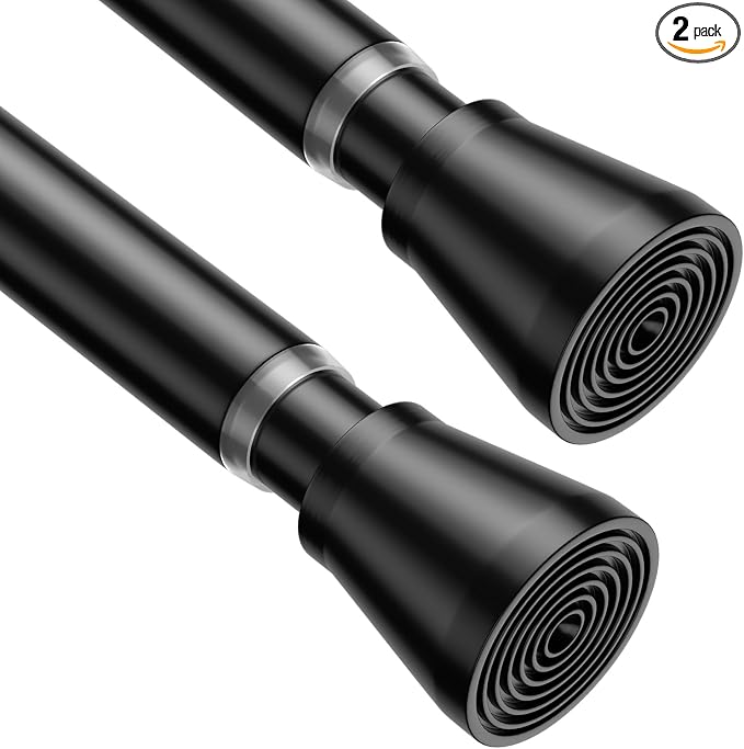 2 Pack Spring Tension Rods 30-64 Inches, 7/8 Inch Diameter Black No Drill Spring Loaded Adjustable Extendable, Small Short Tension Curtain Rod for Windows Kitchen Doorway Closet Cupboard