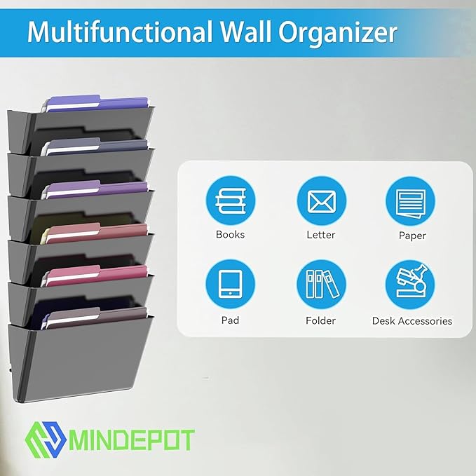 MINDEPOT 5 Pockets Acrylic Wall File Organizer, Clear Wall File Holder, Plastic Hanging Wall File Holder for Office, School and Home, Black