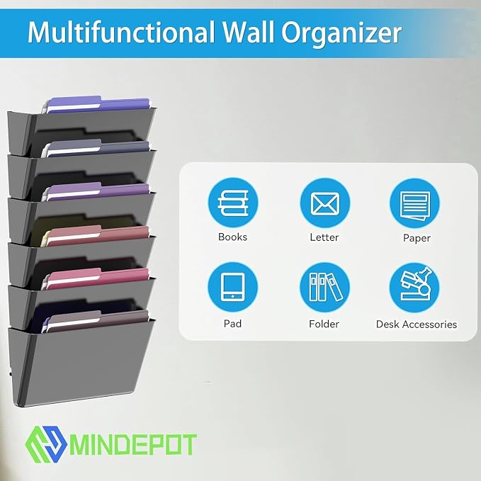 MINDEPOT 8 Pockets Acrylic Wall File Organizer, Clear Wall File Holder, Plastic Hanging Wall File Holder for Office, School and Home, Black