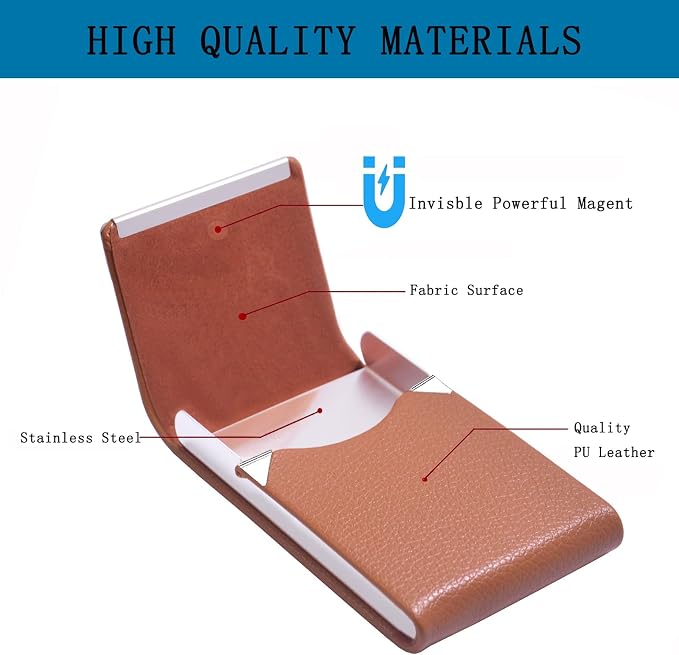 Business Card Holder with Ultra Slim Design,Business Card Case with Premium PU Leather, Suit Pocket Metal Card Holder for Women/Men,Professional Name Card Holder with Magnetic Shut (Brown)