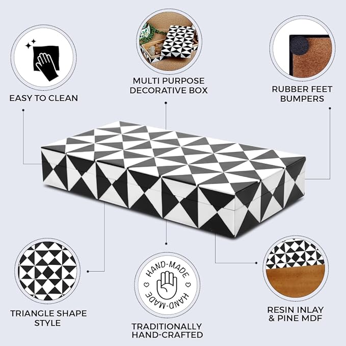 Handicrafts Home Large Decorative Storage Box with Lid, Black and White Coffee Table Storage Box, Decorative Remote Control Holder, Keepsake Storage Box for Living Room & Shelf Decor, Triangle 12x6x2