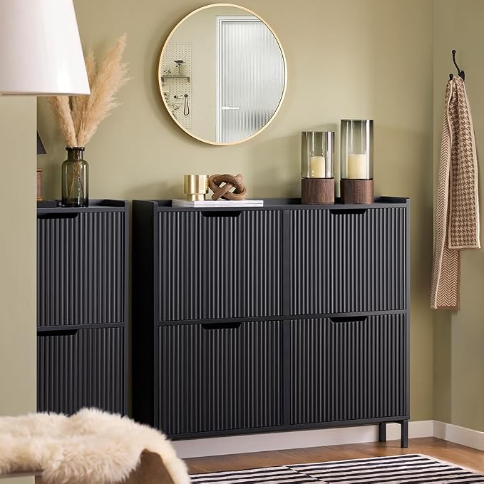 SoBuy Shoe Storage Cabinet for Entryway | Freestanding Shoe Organizer Cabinet, Narrow Slim Hidden Shoe Rack, FSR177 (Black, 4-Drawers)