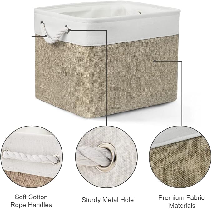 TheWarmHome Organization and Storage Basket for Gifts Empty - 16x12x12 inch Cube Storage bin 3 Pack Fabric Storage Cubes, Collapsible Baskets for Organizer Closet Cloth Gift Toy (White & Khaki)