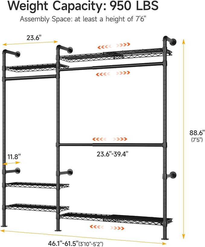 ONBRILL H2 Plus Expandable Wall Mounted Closet System, 3.8FT-5.1FT Closet Organizer with Telescopic Shelves & Adjustable Rods, Industrial Pipe Clothing Rack for Walk-in & Reach-in Closet (Black)