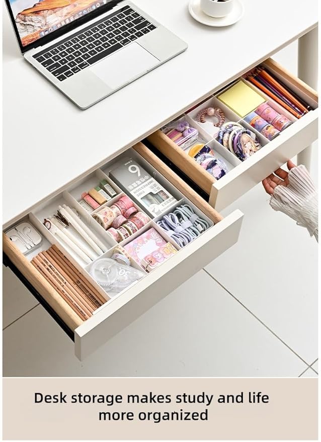9 Compartments 4-Way Expansion Drawer Storage Box - Removable Divider for Space Saving and Organization for Cosmetics, Kitchen Utensils and Office Desk Essentials