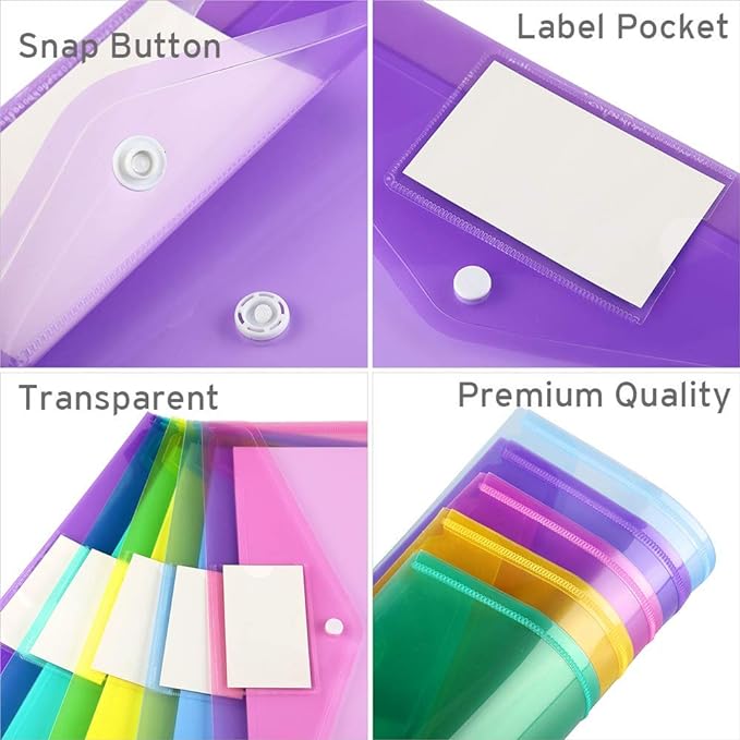 Sooez 28 Pack Folders Plastic Envelopes, Clear Plastic File Folder for Document, Letter A4 Size Poly File Envelopes with Label Pocket, Snap Button for Home Work Office Organizer, 9 Assorted Colors