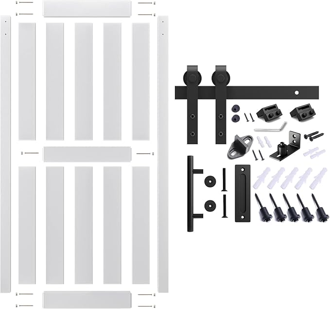 38''x84'' Sliding Barn Door with 6.6 Ft Barn Door Hardware Kit | Pre-Drilled Holes Easy Assembly - Include Installation Manual, Water-Proof PVC Surface, H-Frame, White