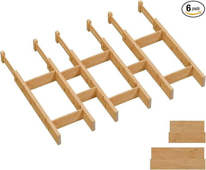 Bamboo Drawer Dividers, Expandable Kitchen Drawer Organizer | Include 6 Dividers, 6 Small Inserts and 6 Medium Inserts for Home, Office, Dressers