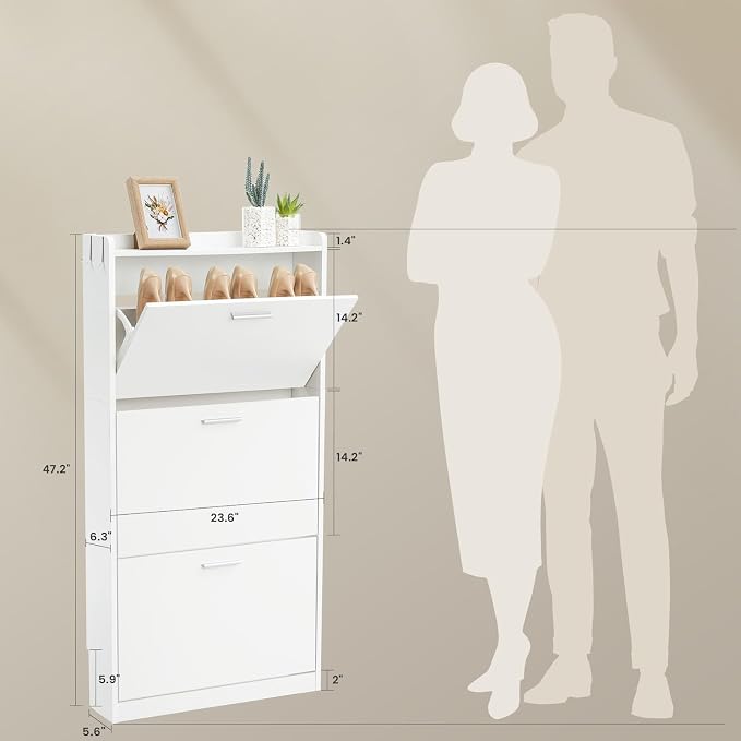 Shoe Cabinet Organizer with 3 Flip Drawers，Freestanding Shoe Rack Cabinet，Narrow Shoe Cabinet Storage for entryway，Foyer, Hallway, White, 23.6" W × 6.3" D × 47.2" H