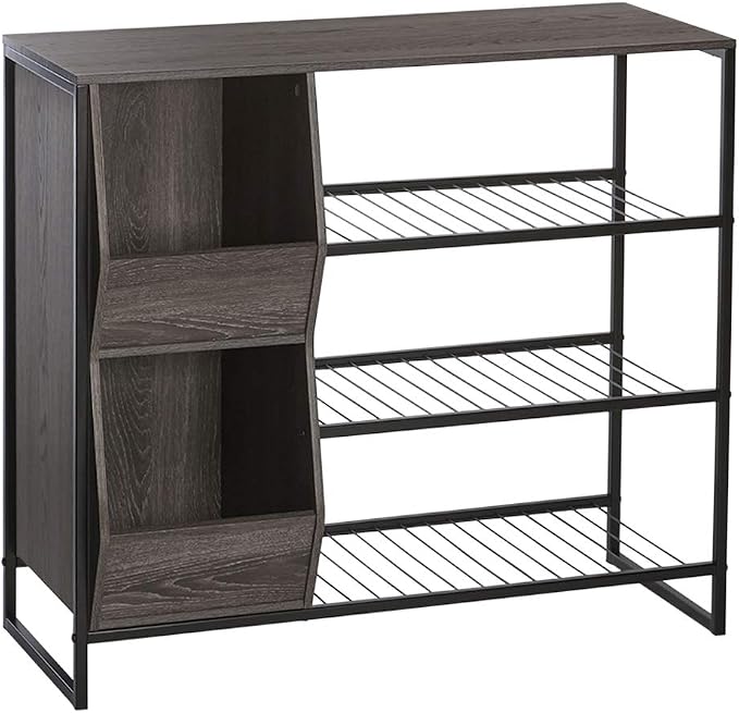 RiverRidge Afton Shoe Storage Organizer, Black Frame + Weathered Woodgrain | Versatile Entrway Shoe Rack with 3 Metal Shelves, and 2 Cubby Bins