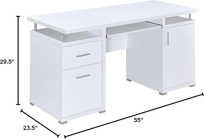 Coaster Home Furnishings Tracy Modern Contemporary 55-Inch 2-Drawer Home Office Computer Writing Desk Study Table with File Cabinet Storage Engineered Wood Eco-Friendly Laminate White 800108