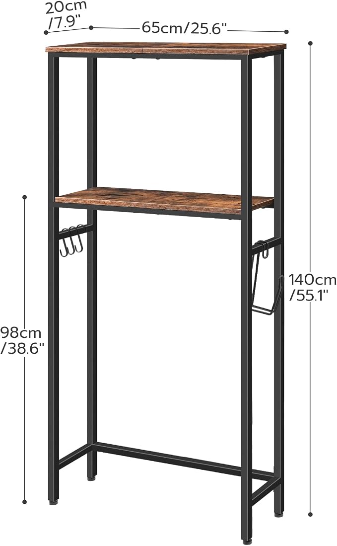 HOOBRO Over The Toilet Storage, 2-Tier Bathroom Organizer Over Toilet, Freestanding Bathroom Storage Shelves with Toilet Paper Holder and Hooks, Space Saver for Room, Rustic Brown and Black BF49TS01